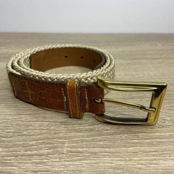 Martin Dingham Khaki Elastic Knit Brass Buckle Woven Belt Size 38 - Picture 1 of 7